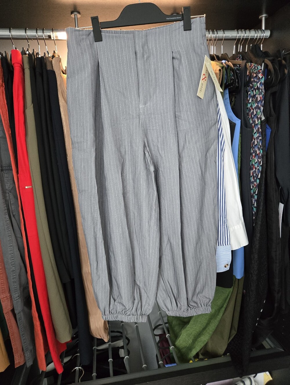 Gray Pinstripe Elastic-Hem Dress Pants by